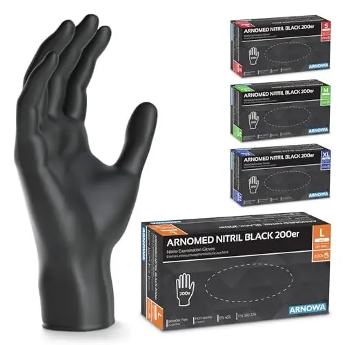Produktbild: ARNOMED 200x Einweghandschuhe Schwarz, Einmalhandschuhe L, Nitrilhandschuhe puderfrei, Handschuhe Einweg latexfrei, Gummihandschuhe Einweg, Handschuhe Nitril, Einmalhandschuhe S, M, L & XL