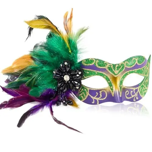 Produktbild: 2025 Karnevalsmasken für Damen mit Federn – venezianische Maske für Maskerade-Party, Karneval, Halloween, Cosplay, Abschlussball, Weihnachten