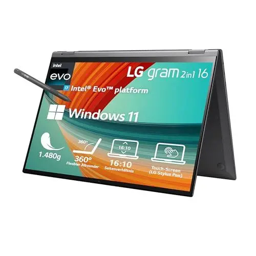Produktbild: 2023 LG Gram 16 Zoll Ultralight 2-in-1 Convertible Notebook & Tablet - 1.480g Intel Core i7 (16GB RAM, 1TB SSD, 16:10 IPS LCD Display mit Pen Touch, Thunderbolt 4, Win 11 Home, Mirametrix) - Schwarz