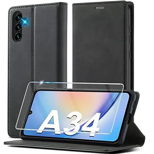 Produktbild: Ailicici für Samsung Galaxy A34 5G Hülle Leder (Mit A34 Schutzfolie) Handyhülle für Samsung A34 5G Hülle Klappbar Leder Flip Wallet Stoßfeste Case Schutzhülle Klapphülle für Samsung Galaxy A34 Hülle