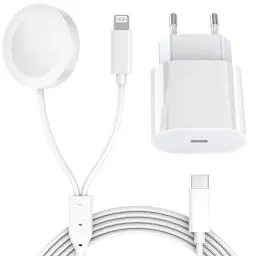 Produktbild: 2023 𝐔𝐩𝐠𝐫𝐚𝐝𝐞𝐝 𝐒𝐜𝐡𝐧𝐞𝐥𝐥𝐥𝐚𝐝𝐞𝐤𝐚𝐛𝐞𝐥 für Apple Watch iPhone, 2in1 5.0ft iWatch Ladegerät mit 20W USB C Schnellladegeräte für iWatch SE/8/7/6/5 & iPhone 14/13/12/11 & iPad