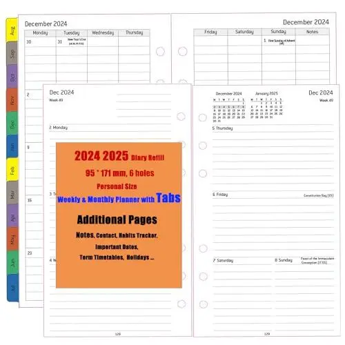 Produktbild: 2024 2025 Wochenplaner Einlage Personal A6, 6 Löcher, 1 Woche 2 Seiten mit Tabs, Extra Notizen Kontakt, Aug’24-Jul’25, Dicker Papier, 100 & 140 gsm, Nachfüllpapier, 95x171mm