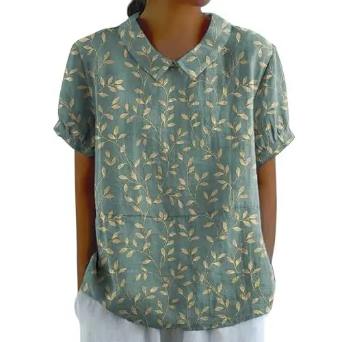 Produktbild: 2024 Angebote T-Shirt Damen Rundhals 2024 Button-Down Kurzarm, Sommer Herbst Duftende Hanf Revers Art Floral Shirt Blusen Freizeit Locker Hemd Oberteil Lässiges Mo Vorlagen Für Gutscheine