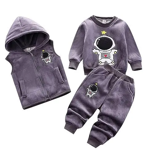 Produktbild: Erstkommunion Anzug Junge 3-teiliges Flanell-Set für Neugeborene, und Mädchen, Pullover mit Kapuze, Reißverschluss, Weste, Dicke Hose, Winter-Outfits T Shirt Jungs 128 (GY2, 90)