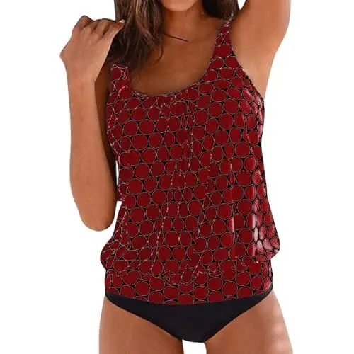 Produktbild: 2024 Damen Tankini Set Sexy Retro Ruched High Waist Print Polka Dot Gepolstert Push-Up Bikini-Set Strand Schwimmanzug Swimsuits Bikini Tank Top und Shorts Zweiteiliger Wein, 4XL