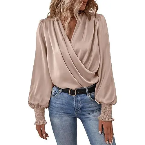 Produktbild: 2024 Elegante Satin Blusen Damen Wickelbluse Puffärmel Oberteile Elegantes Damen Hemd V-Ausschnitt Tollen Ärmeln Temperament Schulterfrei Seidenbluse Blusenshirt Tunika Business(Beige,S)