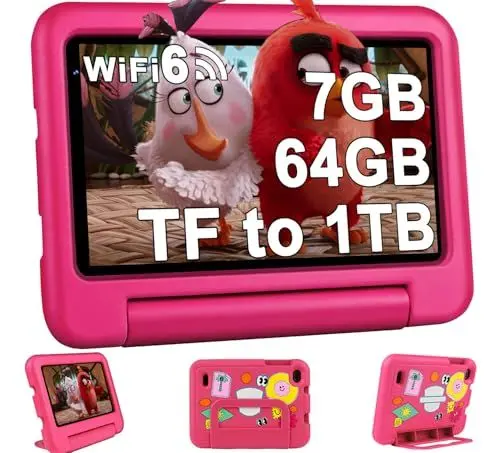 Produktbild: 2024 Kinder Tablets 7 Zoll FHD Android 13 OS Wi-Fi 6 Bluetooth 5.0, 7 GB RAM+ 64 GB ROM(TF 1TB) GMS-Zertifizierung | Elterliche Kontrolle | 3500mAh | AR Erkennungs-Tierkarten | Eva-Schutzhülle-Rosa