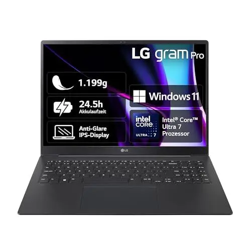 Produktbild: 2024 LG gram Pro 16 Zoll Notebook - 1199g Intel Core Ultra7 Laptop (16GB RAM, 1TB Dual SSD, 24,5h Akkulaufzeit, IPS Panel Anti-Glare Display, Win 11 Home) - Schwarz