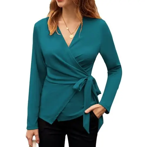 Produktbild: 2024 Lange Oberteile zum Tragen V-Ausschnitt Langarm Shirts Damen Festliche Party Ausflug Wickelbluse Grün Blau L