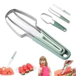 Produktbild: 2024 Neu 3-in-1 Obstschneider aus Edelstahl, Wassermelonen Schneider mit Melonenausstecher und Obstgabeln, Wassermelonengabel-Schneidewerkzeug, Sommer Melonenschneider(Grün)