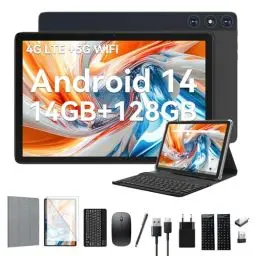 Produktbild: 2025 Neueste Android 14 Tablet 10 Zoll,4G LTE Tablets Mit 2 SIM 1 SD slot,5G Wifi Tablets PC Mit 14GB+128GB(1TBTF),3-in-1 Tablet Mit Tastatur Maus-Octa-core,1080FHD,13MP+8MP,7000mAh,GPS/OTG-Grau