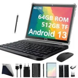 Produktbild: 2024 Neueste Tablet 10 Zoll Android 13, 4G LTE Tablets Mit 2 SIM 1 SD, 3-in-1 Tablet Mit Tastatur Maus Stift-64GB ROM 512GB TF |Octa-Core |1080P FHD |13MP |6000mAh |Bluetooth |WLAN GPS Typ C--Schwarz