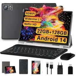 Produktbild: 2025 Neueste Tablet 10.1 Zoll Android 14 Octa-Core 22GB RAM+128GB ROM 1TB TF, Widevine L1,5G+2.4G WiFi, GMS,BT 5.0, 8000mAh, 8+5MP,1280*800, Face ID, GPS,Type C, Tablet PC mit Tastatur, Maus-Schwarz