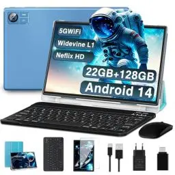 Produktbild: 2025 Neueste Tablet 10.1 Zoll Android 14 Octa-Core 22GB RAM+128GB ROM 1TB TF, Widevine L1,5G+2.4G WiFi, GMS,BT 5.0, 8000mAh, 8MP+5MP,1280*800, Face ID, GPS,Type C, Tablet PC mit Tastatur, Maus-Blau