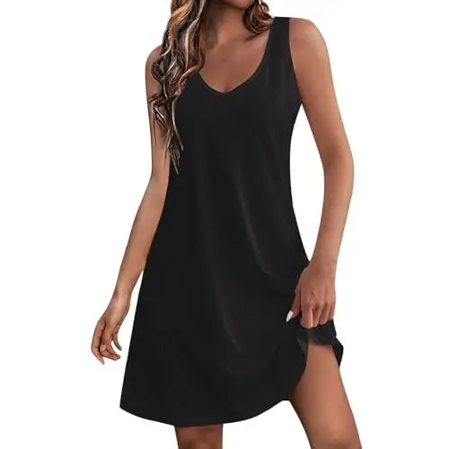Produktbild: Damen Elegant Leicht und Luftig Lang Lässig Ärmellos V-Ausschnitt Kleid Lockeres Saum Drucken Strandkleid Casual Tunika Freizeitkleid Abendkleider S