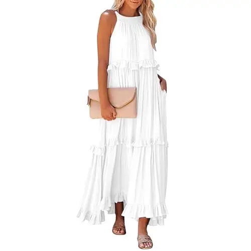 Produktbild: Sommerkleider Damen lang Elegant Kleid Blumenmuster Neckholder Rüschen Freizeitkleider mit Taschen Maxi Kleider Für Damen Sommer Amazon Essentials Damen Kleid Kleider Damen Sommer Lang 2024