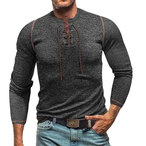 Produktbild: 2024 Winter Herren T-Shirt Henley Lace Up Slim Fit Tops kausal komfory Gym Muscle Outdoor Herren-T-Shirt
