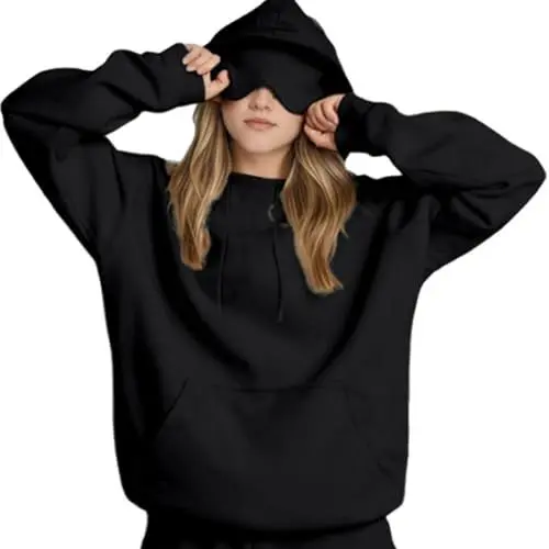 Produktbild: 2025 Hoodies Kapuzenpullover Für Damen Mit Augenmaske Sweatshirts Im Flugmodus Kordelzug Langarm Geeignet Oversized Strickjacke Kapuze Mantel Mit Tasche Unisex Streetwear 01-Schwarz L