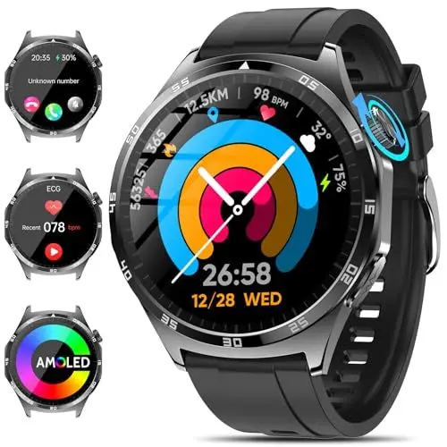 Produktbild: 2025 Smartwatch Herren mit EKG/HRV/Harnsäure/BMI, 1.43’’ Zoll AMOLED ΒΙυτｚυcker Fitnessuhr mit Telefonfunktion 24H Blutdruck Herzfrequenz SpO2 Apnoe Schlaf, SOS-Notruf, Android/iOS