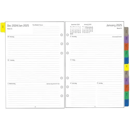 Produktbild: 2025 Wochenplaner Einlage A5 6 Löcher, 1 Woche 2 Seiten mit Tabs, Extra Budget Notizen Kontakt, Jan.25-Dez.25, Dicker Papier, 100 & 140 gsm, Nachfüllpapier für Kalender 2025 Planer