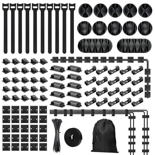 Produktbild: 204-teiliges Schreibtisch Kabelmanagement mit 12 Silikon Kabelclips, 10 Kabelbinder Klett, 100 Kabelbinder, 70 Cable Cips, 1 Klettband Selbstklebend 3M, 1Aufbewahrungsbeutel, Geeignet für Zuhause/Büro