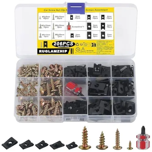 Produktbild: 205 Stk Blechmutter Schraube Mutter Clip Kit, inkl 100 Kreuzkopf Blechschrauben, 105 U Typ Blechmuttern, Kfz Karosserieschrauben, U Typ Auto Kotflügelclips Karosserie-Klemmen und Schrauben