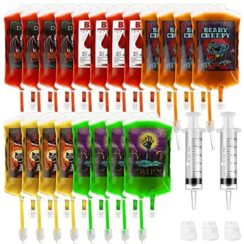 Produktbild: 20Stück Halloween Blutbeutel für Getränke: 250 ml Wiederverwendbare Halloween Blutbeutel Trinkbeutel Getränkebeutel, Saftbehälter, IV-Beutel-Set mit Clips für Maskerade, Vampir, Zombie