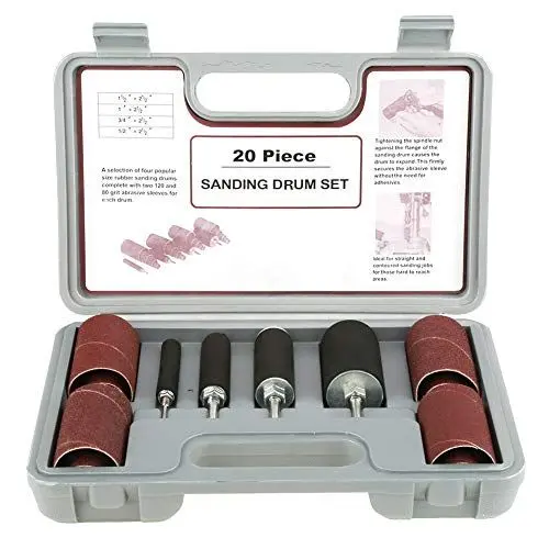 Produktbild: 20-teiliges Trommelschleifer Set mit Schleiftrommel Kit für Bohrmaschinen, Koffer mit 4 Gummitrommeln und 16 Schleifbandhülsen, Schleifwalzen für Bohrmaschinen Spindelschleifer