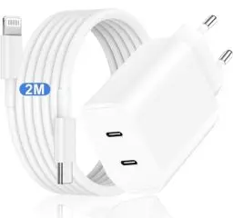 Produktbild: 20W Schnellladegerät Ladekabel für iPhone 14/13/12/11 Pro Max Plus Mini/SE/X/XR/8/iPad Pro/Air,2-Ports USB C Ladegerät mit 2M Schnellladekabel Power Adapter Fast Charger Netzteil Stecker Ladestecker