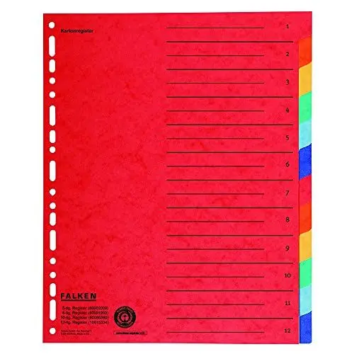 Produktbild: 20x Original Falken Karton-Register überbreit für DIN A4+ 24,5 x 30 cm volle Höhe mit Organisationsdruck 12-teilig vollfarbig 2 x 6 Farben zur Ablage von Prospekthüllen