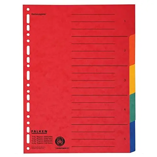 Produktbild: 20x Original Falken Karton-Register überbreit für DIN A4+ 24,5 x 30 cm volle Höhe mit Organisationsdruck 5-teilig vollfarbig zur Ablage von Prospekt- und Klarsichthüllen