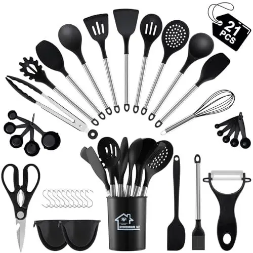 Produktbild: 21 Stück Küchenutensilien, BEWOS Silikon Küchenhelfer Set mit Pfannenwender, Utensilienhalter und Messlöffel, Antihaft hitzebeständig, schwarzer Küchenhelfer, Edelstahlgriff 21P