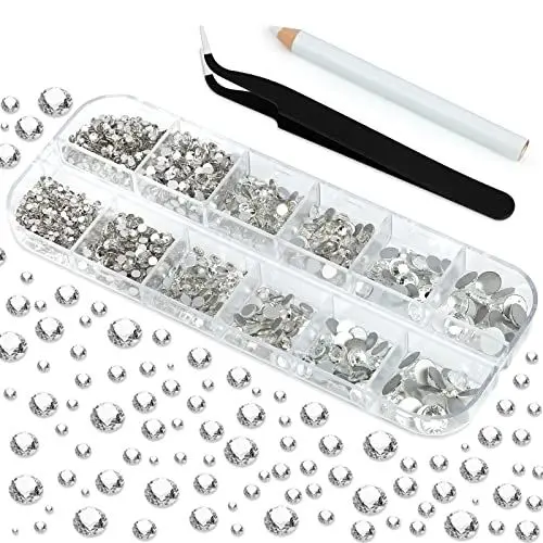 Produktbild: 2150 Stück Strasssteine, 6 Größen Glitzersteine, Transparenter Runde Kristall Strasssteine Selbstklebend für Nagel Kunst Kleidung Handwerk, mit Pinzette und Strass Picking Stift