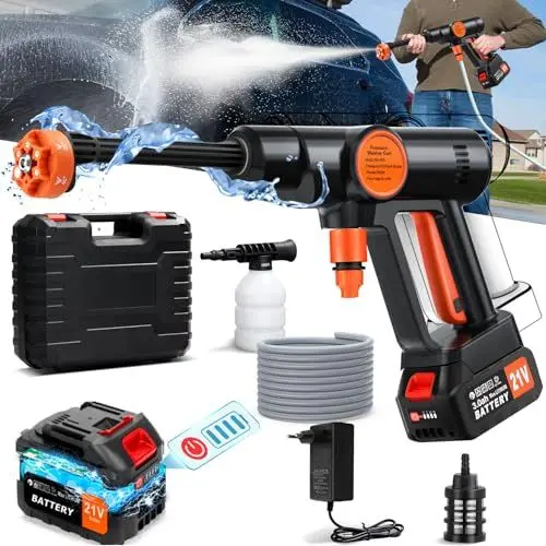 Produktbild: 21V Akku Hochdruckreiniger mit 3000mAh Akku, 652 PSI Hochdruckreiniger Pistole mit 6-in-1-Düse und 5m Schlauch, Brushloser Motor, Das ultimative Reinigungsset für Autos, Terrassen und Rasen
