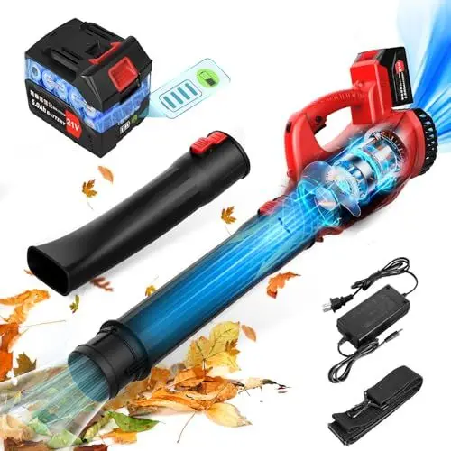 Produktbild: 21V Laubbläser Akku 300 Km/h, Laubbläser mit 4000 mAh Akku und Ladegerät, 20000RPM, 6-Gang-Auswahl, Akku Gebläse mit 2 Verstellbare Blasrohrs Plus Tragegurt, für Garten, Rasenpflege, Schneeräumung