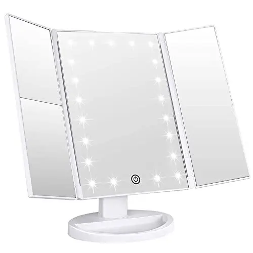 Produktbild: 22 LED-Make-up-Spiegel mit Lichtern – Kosmetikspiegel mit Touchscreen beleuchtet für Make-up – dreifach gefaltet, 1 x 2 x 3 x Vergrößerung, tragbarer beleuchteter Spiegel