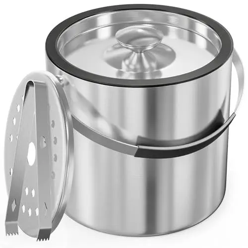 Produktbild: 2,2 L Eiswürfelbehälter aus Edelstahl, Eiskübel mit Silikondeckel, Zange und Sieb, doppelter Eiswürfelbehälter mit großem Fassungsvermögen, Eiswürfelbehälter für Eiswürfel, zum Kühlen von Bier, Wein