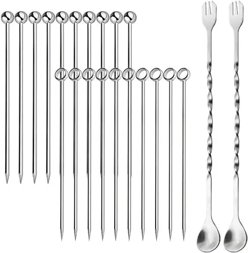 Produktbild: 22 Stück Edelstahl Cocktailspieße Edelstahl Cocktail Picks Obst Sticks Und Barlöffel Metall Fingerfood-Spieße Cocktail-Sticks für Fingerfood, Kleine Snacks, Antipasti,Cocktails - Party