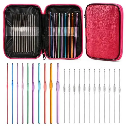 Produktbild: Häkelnadeln Set mit rotem Aufbewahrungsetui, 22 Stück Häkelnadeln Set ergonomische Stricknadeln Stumpfe Nadeln DIY Hand Knitting Craft Art Tools für Anfänger