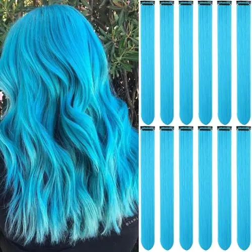 Produktbild: 22 Zoll Farbige Haarverlängerungen Clip-in, Mehrfarbige Party Highlights Clip in Synthetische Haare Zubehör für Mädchen Frauen Kinder Puppe Haarteile (12 Stück Himmelblau)