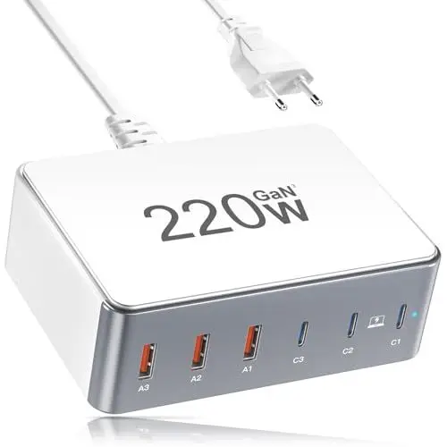 Produktbild: 220W USB C Ladegerät Mehrfach, YSYFAD 6-Port USB Ladestation GAN Schnellladeleistung USB C Ladegerät 65W für MacBook Laptops USB Ladegerät Kompatibel mit i Phone i Pad Watch Samsung, Weiß Grau