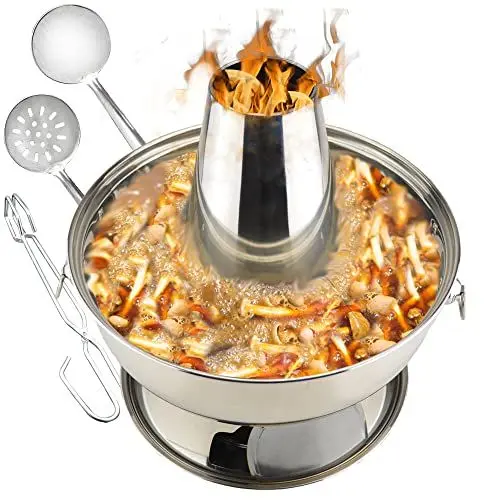 Produktbild: SANQIAHOME 2.3 Litre Campingherde Hot Pot aus Edelstahl Chinesischer Holzkohle-Hotpot, chinesisches Fleischfondue Lammkocher im Freien Picknickkocher