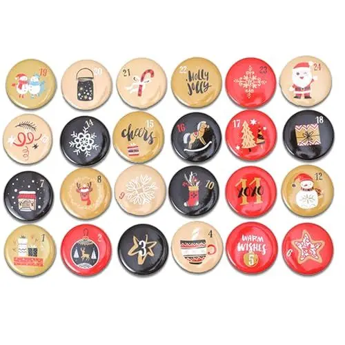 Produktbild: 24 Adventskalender-Zahlen Buttons 35mm - Anstecknadeln zum Dekorieren von Adventskalendern - mit Zahlen von 1-24 - Ideal für Stoffsäckchen, Tüten und Beutel