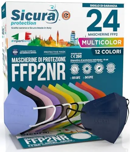Produktbild: 24 FFP2 Maske bunt CE zertifiziert farbig Made in Italy BFE ≥99% Mix 12 Farben Blau, Orange, Rot, Schwarz, Blau, Grün, Apfelgrün, Gelb, Turteltauben, Lila, Pink, Lavendel