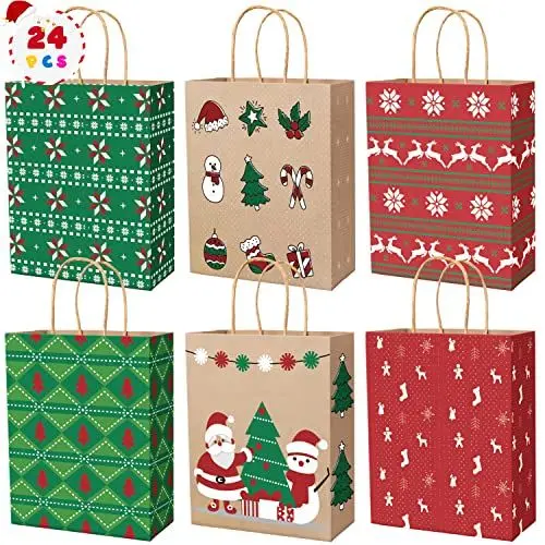 Produktbild: 24 Stk Geschenktüten Weihnachten, Weihnachtstüten 27 x 21 x 11 cm, Papiertüten Braun, Kraftpapier Tüten, Geschenktaschen mit Henkel, Geschenktaschen Weihnachten Mittel.