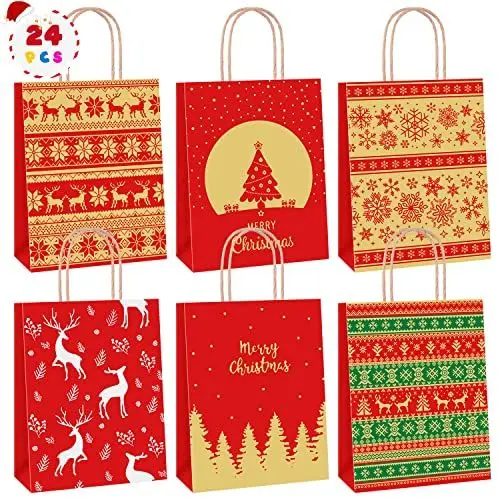 Produktbild: 24 Stk Geschenktüten Weihnachten, Weihnachtstüten 27 x 21 x 11 cm, Papiertüten Braun, Kraftpapier Tüten, Geschenktaschen mit Henkel, Geschenktaschen Weihnachten Mittel, Christmas Bags for Gift.