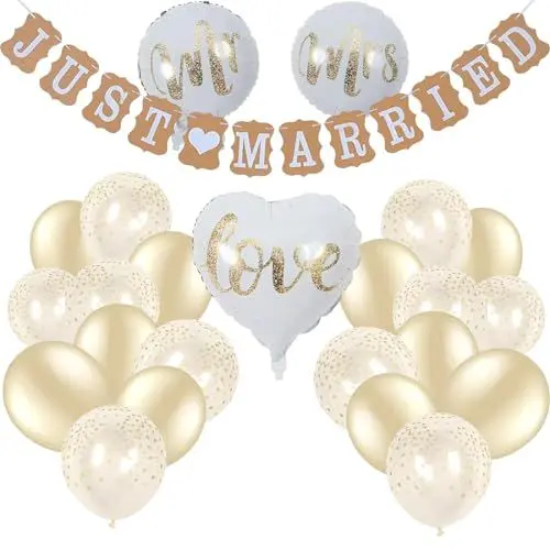 Produktbild: 24 Stück Just Married Deko Hochzeitsdeko, Brautpaar Hochzeit Heliumballons und Banner Deko, Hochzeitsdeko in Weiß & Gold für die perfekte Hochzeitsfeier