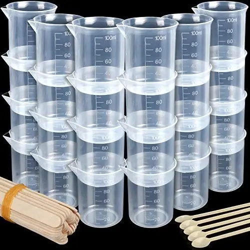 Produktbild: 24 Stück Messbecher 100ml, LEOBRO Messbecher für Epoxidharz Plastik Messbecher mit 35 Stück Rührstäbe, Präzisions Messbecher, Transparent abgestufter Epoxid Mischbecher zum Farbe anmischen, Epoxidharz