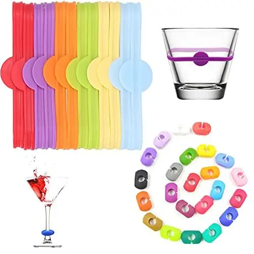 Produktbild: 24 Stück Trinken Marker Glasmarker Silikon Weinglasmarkierer Wiederverwendbarer Flaschen Markierung Weinglasringe für Weinglas, Champagnerglas, Cocktailglas