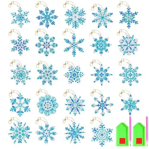 Produktbild: 24 Stück Weihnachten Diamond Painting Schlüsselanhänger Schneeflocken Christbaumschmuck DIY 5D Diamant Malerei Anhänger Weihnachtsbaum Deko Ornamente Schlüsselbund Bastelset Geschenke Weihnachtsdeko